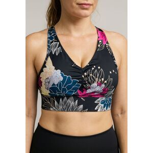 Women’s L Blue Floral Racerback Fitness Bra Wide Band, Removable Padded Cups #V